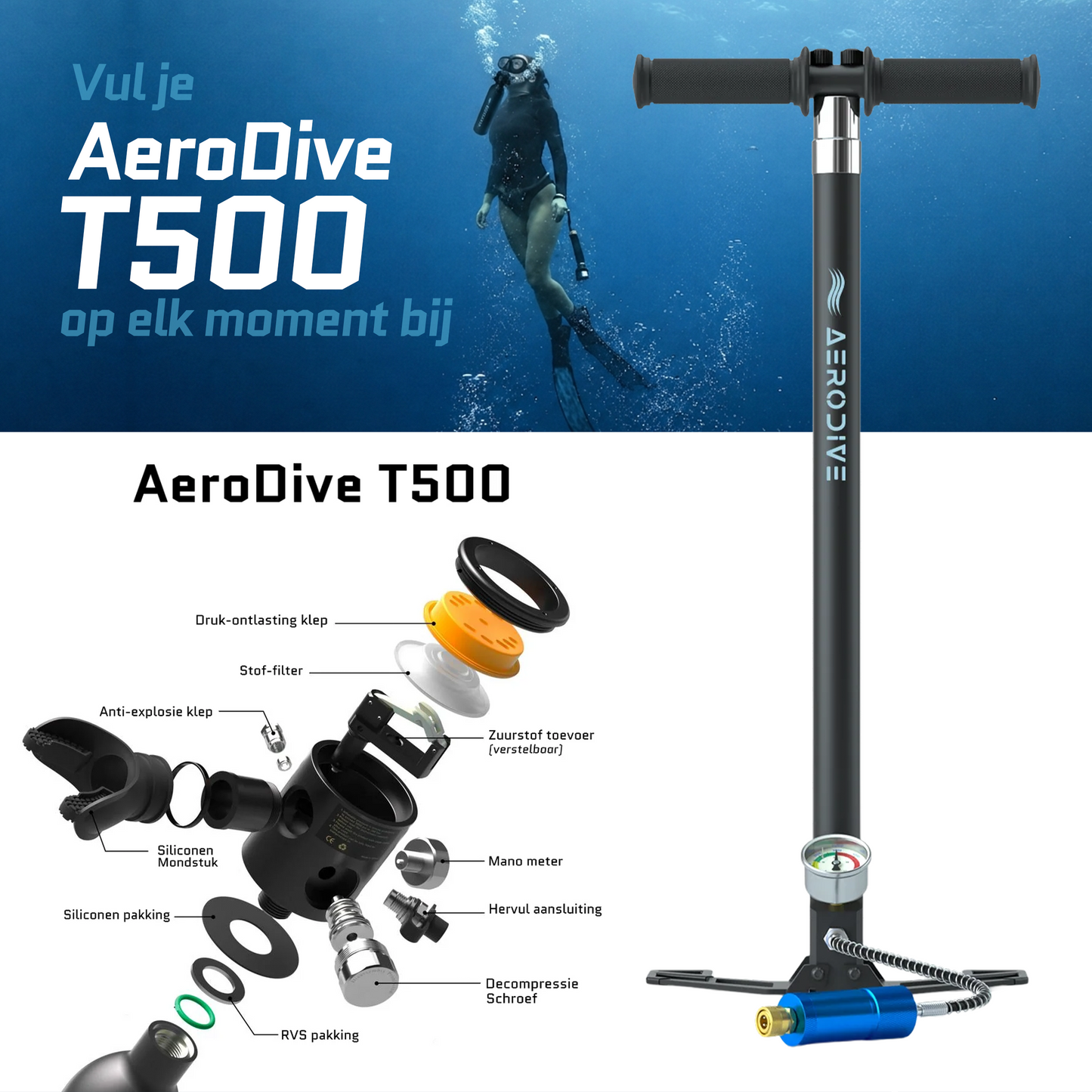 AeroDive T500 + Handpomp + Bril (Incl. opbergtas)